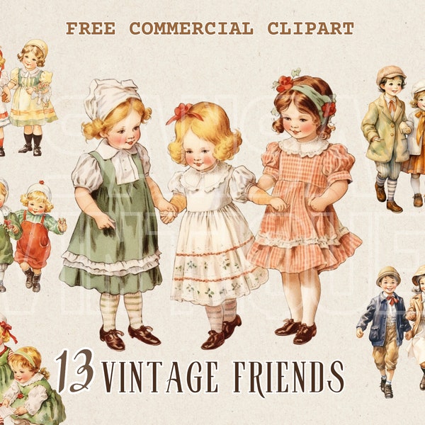 Vintage kids watercolor clipart, retro friendship free commercial PNG set, childhood illustration, Classical siblings graphic