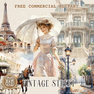 clipart aquarelle vintage rue de Paris, ensemble PNG commercial gratuit boutique rue rétro, serviette Eiffel, lampadaire vintage, manoir, calèche
