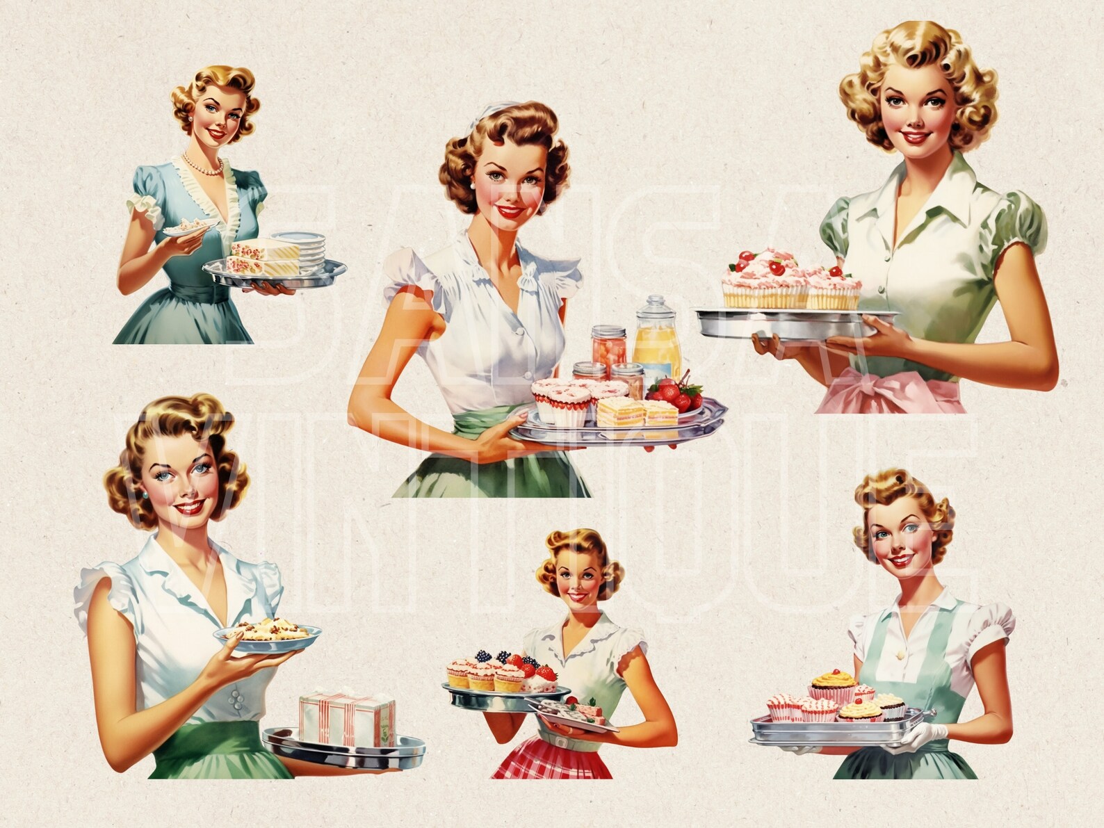 catering clipart female, picture #160693 catering... Retro Woman and Food Tray Watercolor Clipart Set, Vintage 50s Catering ...