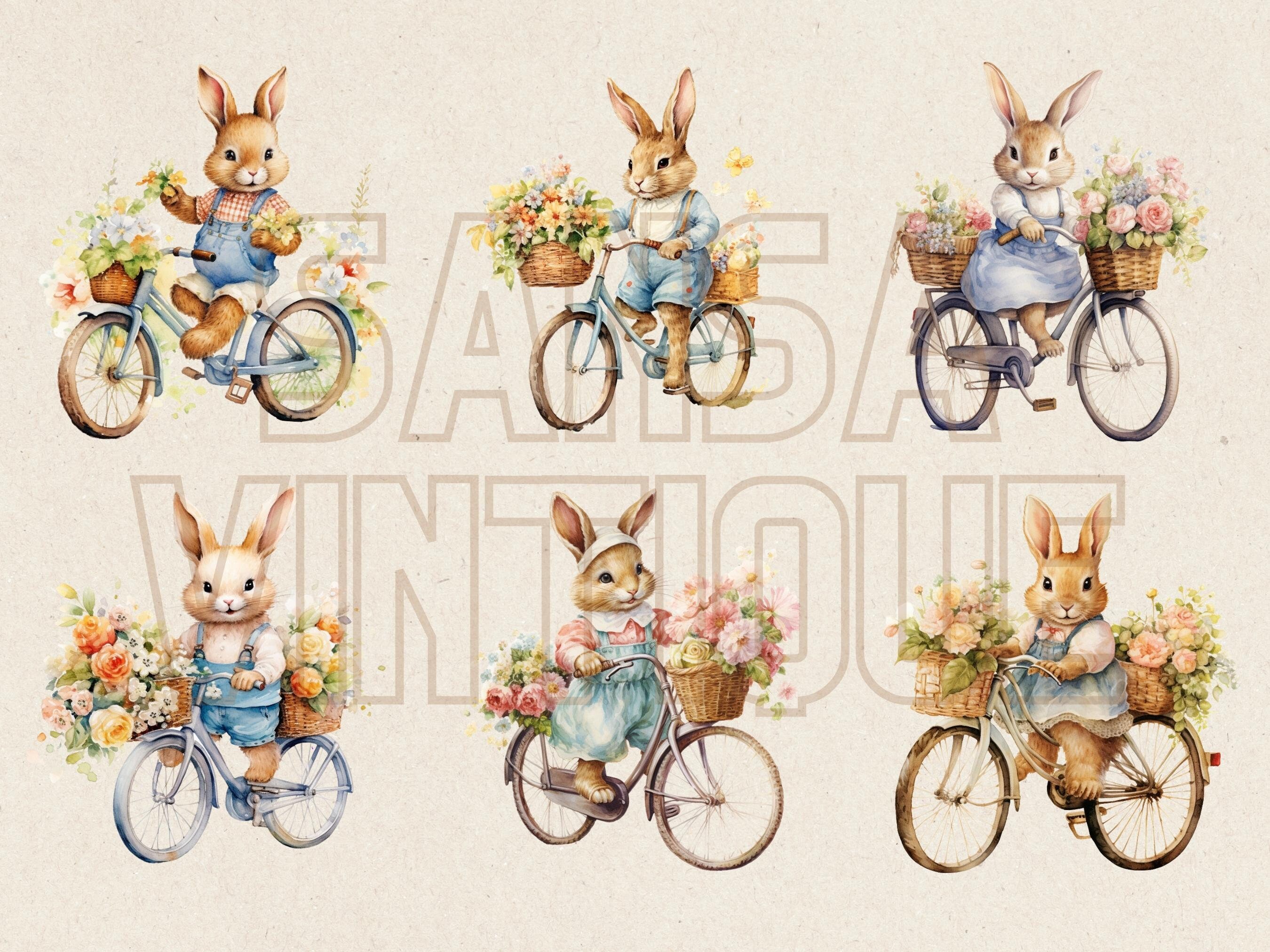 Classic Rabbit Picture Retro Rabbit on Bicycle Watercolor Clipart, Classic Bunny Riding Bike ...