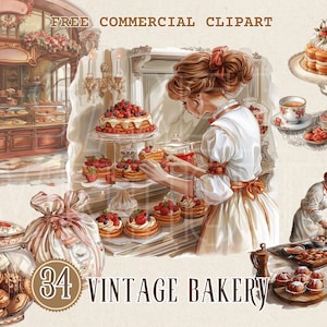 Vintage Bakery Shop Scene akwarela clipart, Retro Pastry Chef darmowa reklama PNG, Mąka do pieczenia, Vintage Cake, Chleb, Półka ekspozycyjna piekarni