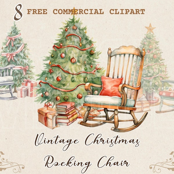 Vintage Christmas rocking chair watercolor clipart, Christmas tree free commercial PNG set, Retro Christmas cozy scene Illustration for card