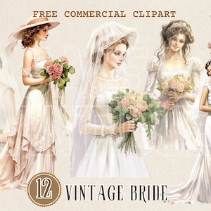 Vintage bruid aquarel clipart, retro bruiloft gratis commerciële PNG set, klassieke bruidsillustratie, elegante bruid, vintage romantiek