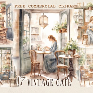 Vintage dame bij café aquarel clipart set, Retro meisje bij koffieshop gratis commerciële PNG, gezellige vintage café scène illustratie
