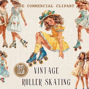 Retro rolschaatsen aquarel clipart, retro kinderen gratis commerciële PNG set, vintage rolschaatser illustratie, retro vriendschap