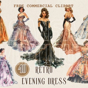 Clipart aquarelle de robe de soirée des années 1950, ensemble de PNG commerciaux gratuits pour dame de la mode rétro, illustration de robe de soirée glamour des années 50 dans la haute société