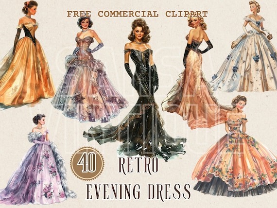 1950s Evening Dress Watercolor Clipart, Retro Fashion Lady Free Commercial  PNG Bundle, 50s Glamour High Society Evening Gown Illustration - Etsy UK