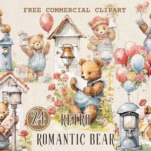 Vintage beer en bloem aquarel clipart, Retro beer en postbrief gratis commerciële PNG, Beer en ballon illustratie schattige beer en cadeau