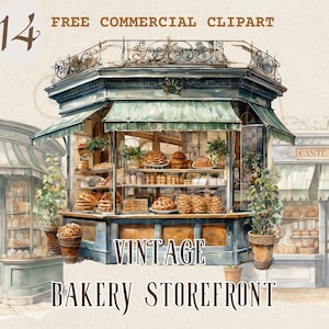 Imágenes prediseñadas de acuarela de escaparate de panadería vintage, conjunto de PNG comercial de panadería retro, configuración de fachada de pastelería nostálgica
