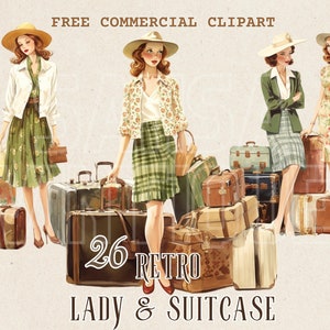 Conjunto de imágenes prediseñadas de acuarela de dama y maleta vintage, paquete PNG comercial gratuito de equipaje retro, ilustración de mujer y estuche de viaje, viajes retro