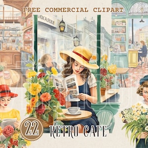 Vrouw bij retro café aquarel clipart set, Retro meisje bij koffieshop gratis commerciële PNG, gezellige vintage café scène illustratie