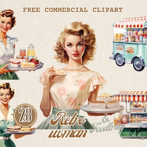 Conjunto de imágenes prediseñadas de acuarela de bandeja de comida y mujer retro, PNG comercial gratuito Vintage 50s catering Lady, camarera clásica, ilustración de ama de casa