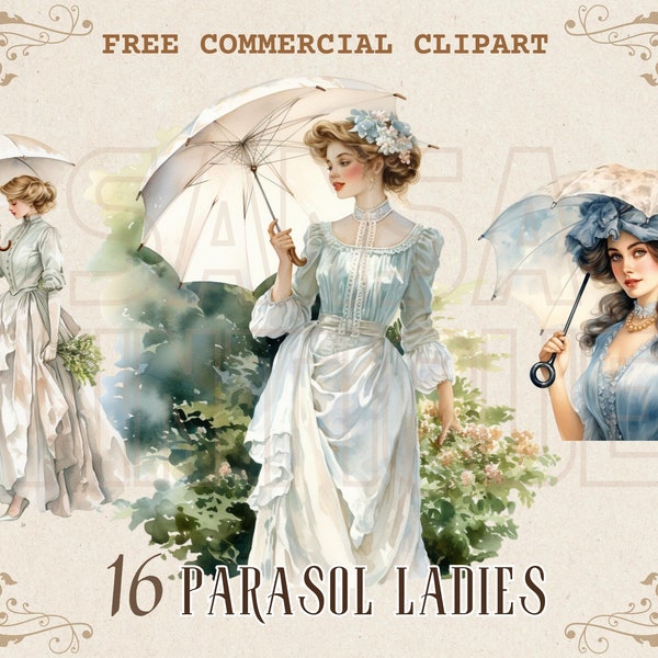 Set di clipart ad acquerello per parasole da donna vintage, donna vittoriana con ombrello PNG commerciale gratuito illustrazione di moda vittoriana