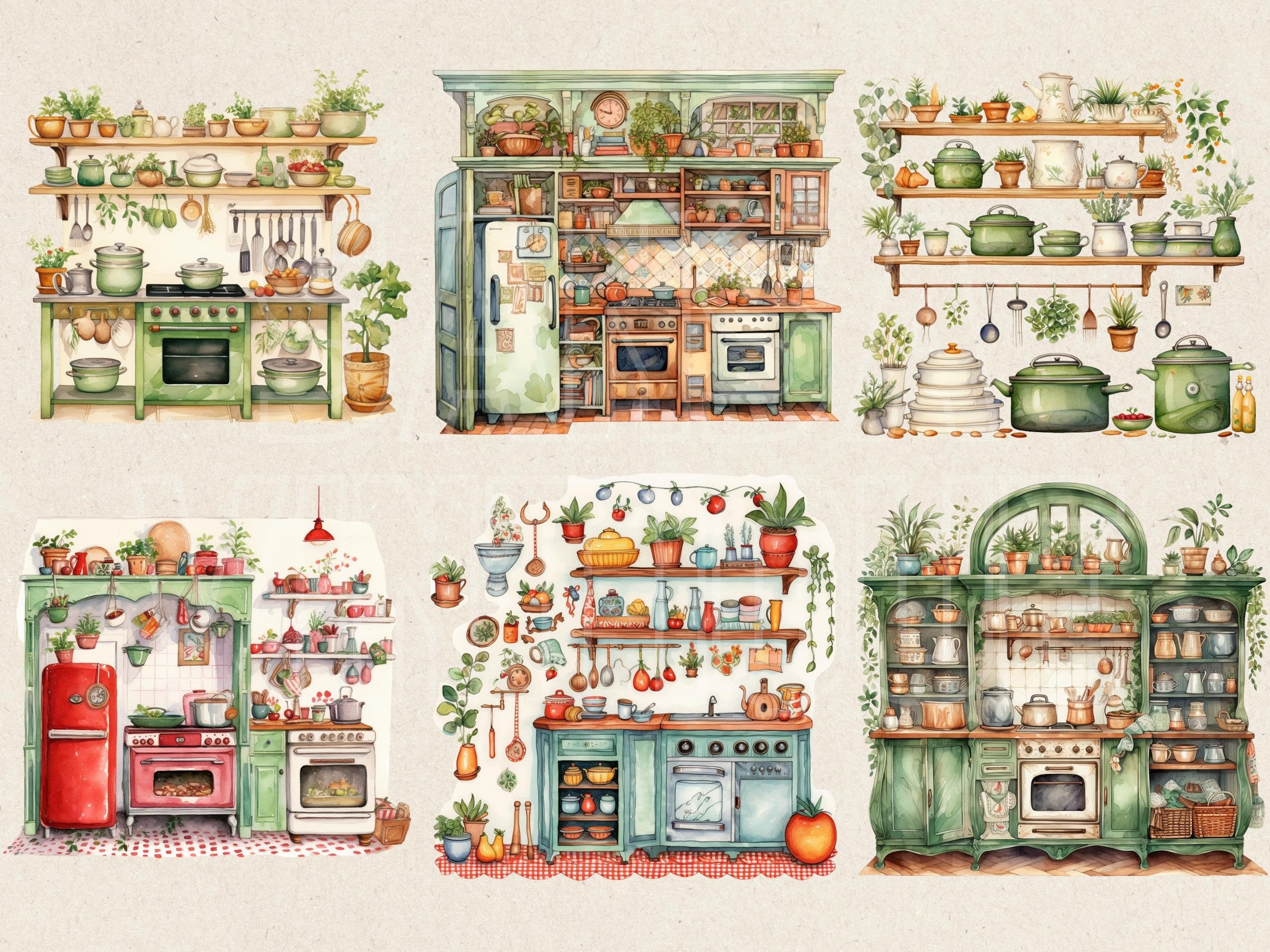 vintage floral kitchen scene clipart set graphic by... Retro Kitchen Watercolor Clipart Set, Vintage Cooking Free Commercial ...