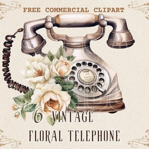 Vintage bloemen telefoon aquarel clipart, Retro bloem telefoon gratis commerciële PNG illustratie voor dagboek, kaarten maken