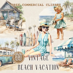 Vintage Beach Vacation watercolor clipart, Retro lady on summer trip free commercial PNG, Beachside Landscape, beach house, beach van art