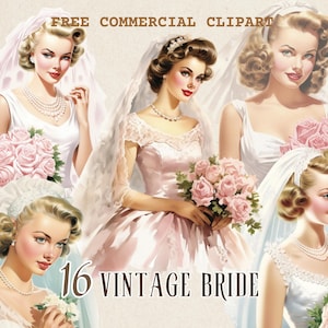 Retro bride watercolor clipart, vintage wedding free commercial PNG set, retro bridal illustration timeless love graphic for wedding project
