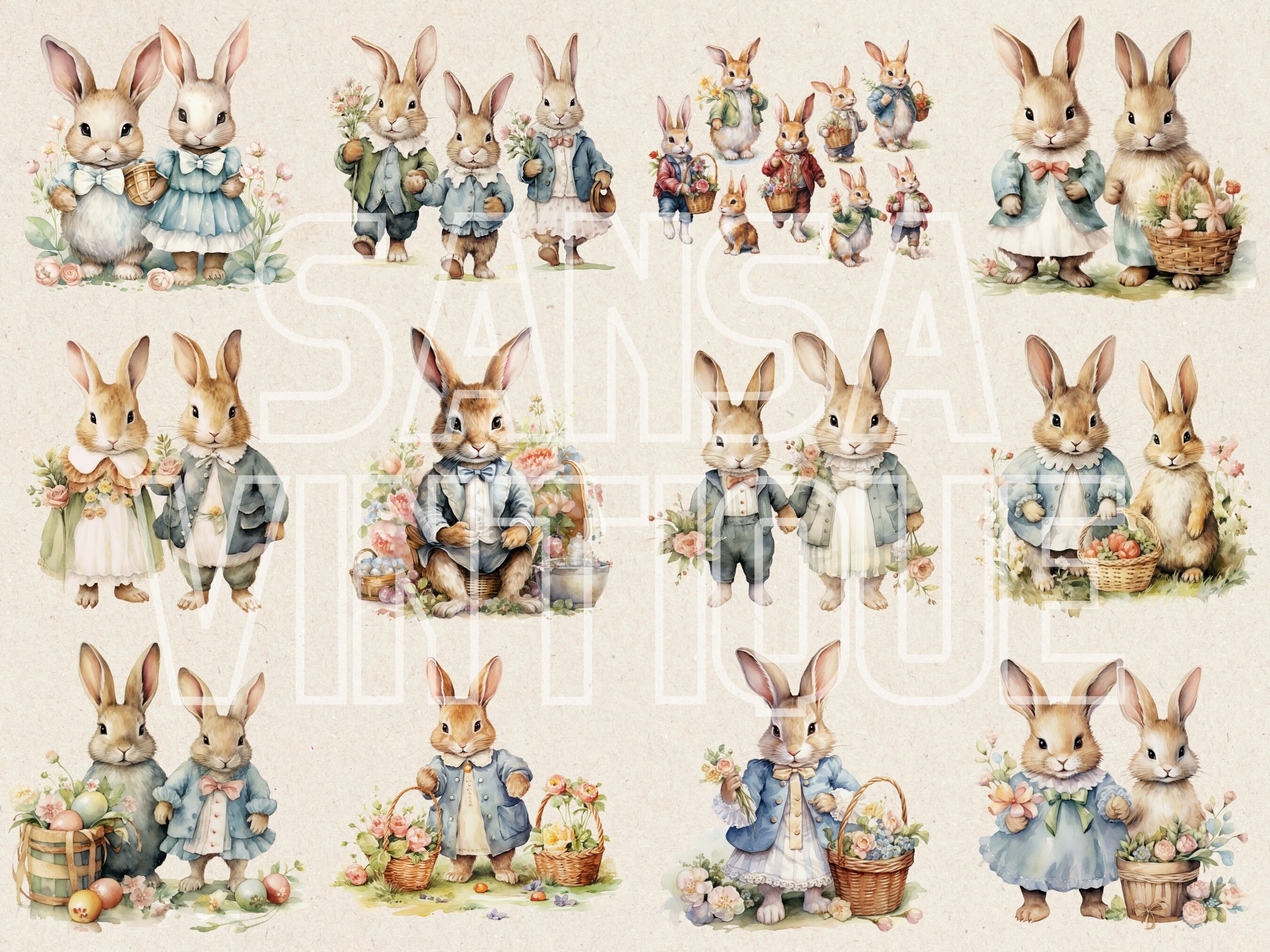 Classic Rabbit Picture Vintage Rabbit Family Watercolor Clipart, Classic Bunny in Costumes ...