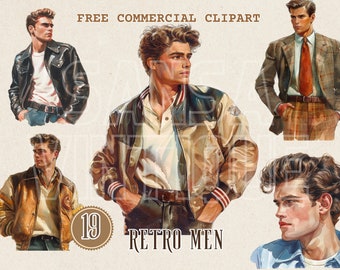 1950s men fashion clothes watercolor clipart, Retro fashion menswear free commercial PNG set, 50s fashionista hairstyle, leather jacket art