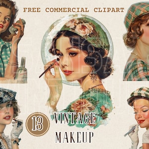 Vintage meisje make-up aquarel clipart toe te passen, Retro vrouw met lippenstift gratis commerciële PNG, chique dame en oogmake-up voor het maken van posters