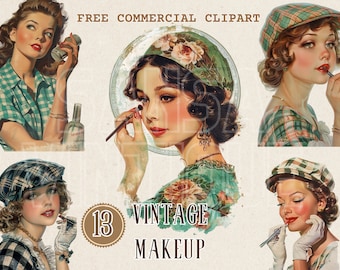 Vintage girl applying makeup watercolor clipart, Retro woman with lipstick free commercial PNG, Chic lady and eye makeup for poster making
