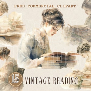 Vintage meisje lezen aquarel clipart, Retro Reading Lady gratis commerciële png, klassieke vrouw met boekillustratie, vintage boekenliefhebber