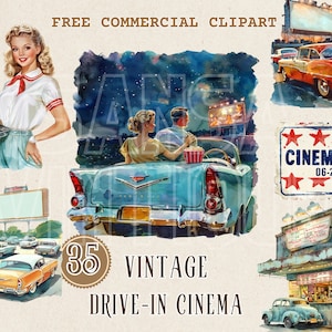 Vintage Autokino Aquarell Clipart, Retro-Stil Outdoor-Film-Szene kostenlose kommerzielle PNG, romantische Film Verabredung Nacht, Kinokarte Kunst