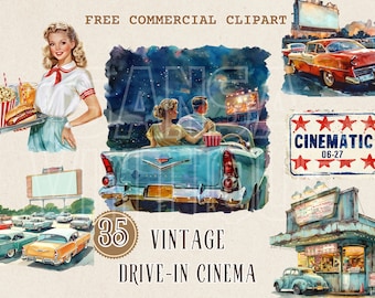 Vintage drive-in cinema watercolor clipart, retro-style outdoor movie scene free commercial PNG, romantic movie date night, movie ticket art