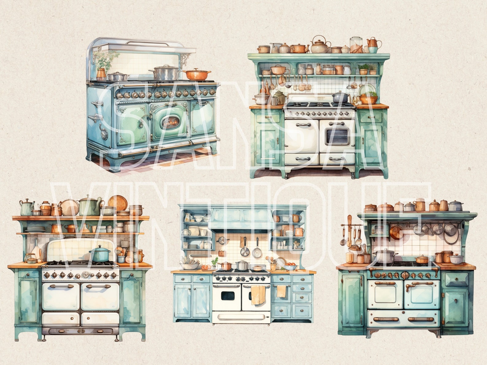 Retro Kitchen Watercolor Clipart Set, Nostalgic Cooking Free Commercial ...
