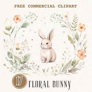 Vintage Blumen Aquarell Clipart, klassisches Blumenkranz Häschen Freies kommerzielles PNG, niedliches Häschen in der Blumenrahmenillustration