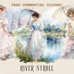 Victorian lady and parasol watercolor clipart Vintage woman and umbrella free commercial PNG Retro stroll at river illustration ephemera art