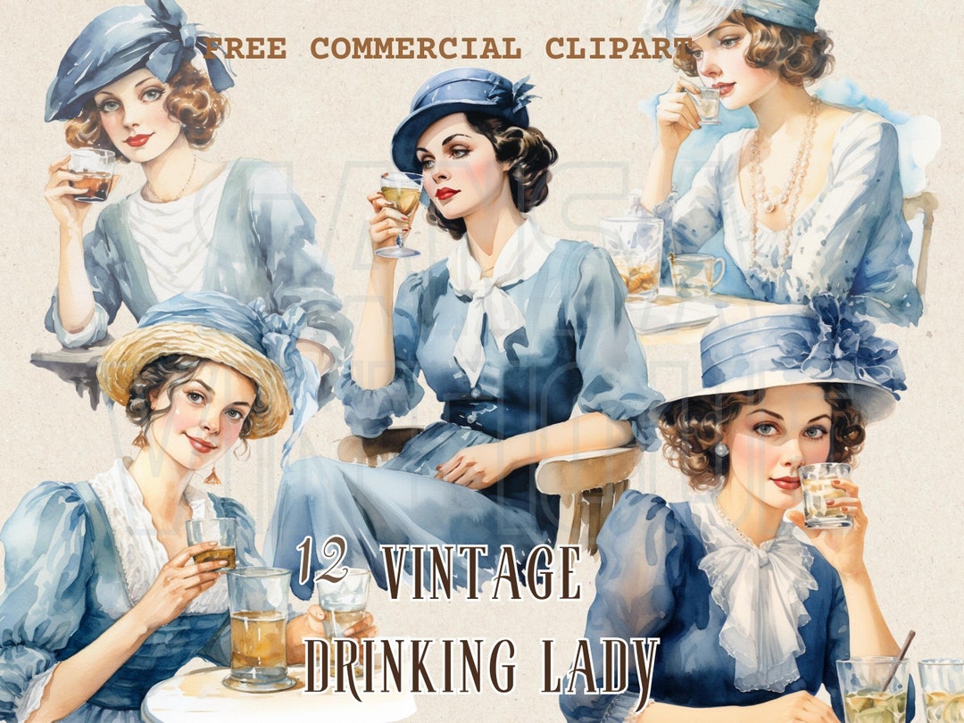 Retro Lady Drinking Watercolor Clipart Vintage Elegance - Etsy