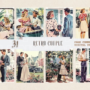 ヴィンテージカップル 1950 年代の水彩画クリップアート、レトロロマンス無料商用 JPG セット、クラシックラブストーリー写真、ノスタルジックなロマンチックな結婚式のグラフィック