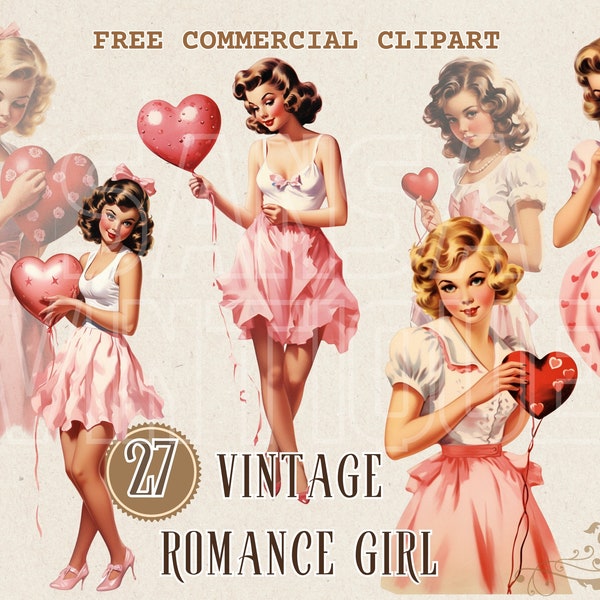 40s girl and heart shaped balloon watercolor clipart, Retro romance free commercial PNG, Valentine's Day illustration, Timeless Love