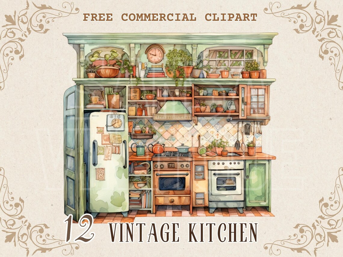 vintage floral kitchen scene clipart set graphic by... Retro Kitchen Watercolor Clipart Set, Vintage Cooking Free Commercial ...