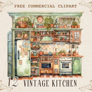 Conjunto de imágenes prediseñadas de acuarela de cocina retro, PNG comercial gratuito de cocina vintage, escena culinaria retro, utensilio de cocina, gráfico de cocina vintage