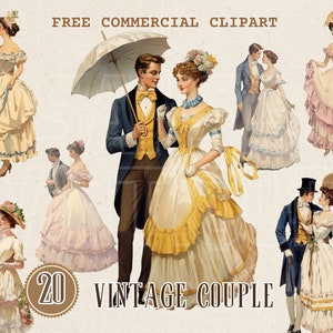 Vintage paar aquarel clipart, Victoriaanse romantiek gratis commerciële PNG set, klassieke liefde illustratie, romantisch koppel en paraplu kunst