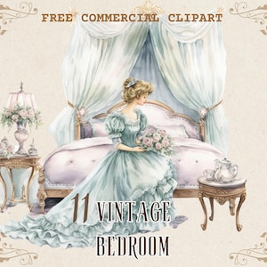 Victorian bedroom watercolor clipart, Vintage lady in bedroom free commercial PNG set, Kid in Retro bedroom illustration