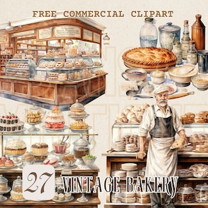 Vintage Bakery Shop watercolor clipart, Retro Pastry Chef free commercial PNG, Baking ingredient, Baking scene illustration