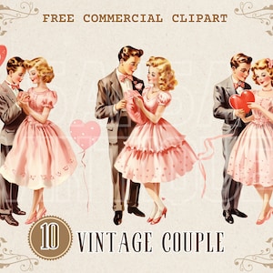 Clipart acquerello coppia vintage, set PNG commerciale gratuito retrò romanticismo, illustrazione di coppia romantica di San Valentino, storia d'amore senza tempo