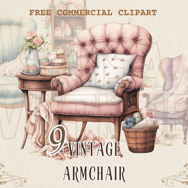 Vintage cozy armchair watercolor clipart, Retro cozy seating free commercial PNG set, classic comfortable chair illustration ephemera