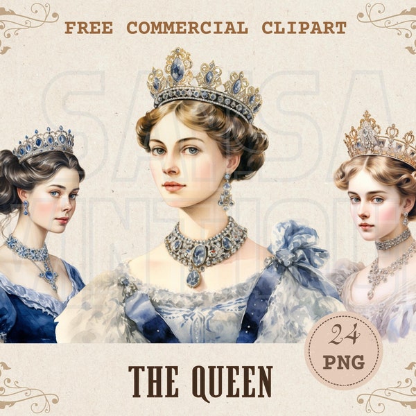 Queen wearing crown watercolor clipart set, Victorian royalty free commercial PNG bundle, Royal Illustration, Noble lady, Regal woman