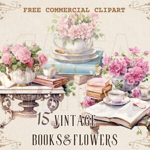 Vintage Book and Flower Watercolor Clipart, Retro Book and Tea Free ...