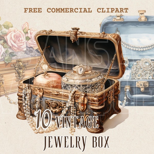Vintage jewelry chest clipart, retro gem box free commercial PNG set, Vintage watercolor illustration antique jewelry display graphic