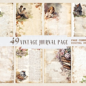 Vintage Journal Page, papel de diario basura de acuarela, Digital, Impresión de álbum de recortes de cartas manuscritas, conjunto comercial gratuito, papel de borde rasgado retro