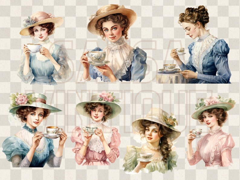 Vintage Lady Enjoying Tea Watercolor Clipart, Retro Tea Time Free ...