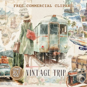 Vintage reis aquarel clipart, retro dame reizen gratis commerciële png, vintage roadtrip, reiselementen, kaart, koffer, postkaartafbeelding