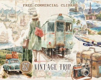 Vintage Trip watercolor clipart, retro lady Travel free commercial PNG, vintage road trip, travel elements, map, suitcase, postcard graphic
