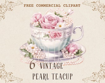 Vintage teacup with pearl watercolor clipart set, Retro floral teacup free commercial PNG bundle, Retro tea party decoration illustration