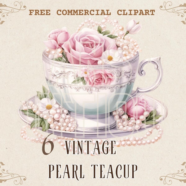 Vintage teacup with pearl watercolor clipart set, Retro floral teacup free commercial PNG bundle, Retro tea party decoration illustration